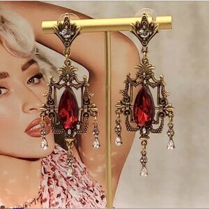 Renaissance Revival Art Glass Pierced Ruby Earrings